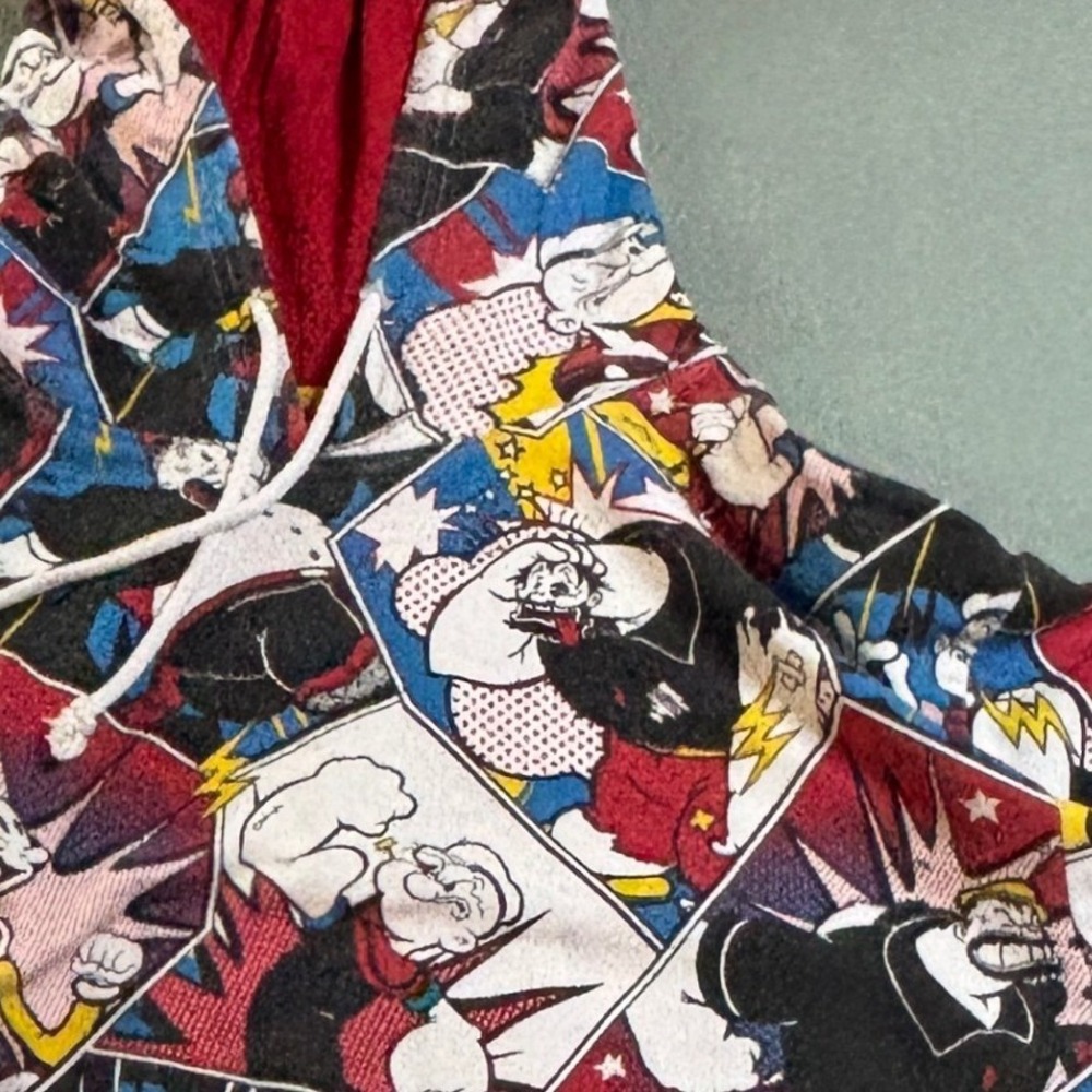 Popeye Mens L All Over Print AOP Comic Book Graphic Hoodie Sweatshirt Red